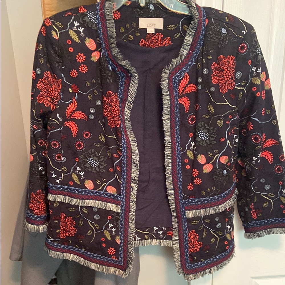 LOFT Navy Jacket with Red and Blue Floral Design